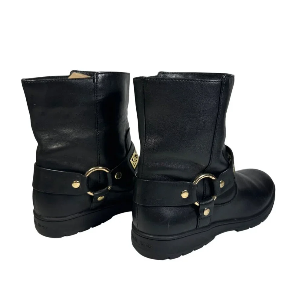 MICHAEL KORS ESSEX ICONIC BLACK GOLD LOGO MOTO BIKER BOOTS Size 7M - Picture 5 of 12